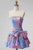 Robe courte de retour à la maison en lettres bleu Jacquard bleu bustier à volants en ligne A avec ruban nœud