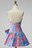 Robe courte de retour à la maison en lettres bleu Jacquard bleu bustier à volants en ligne A avec ruban nœud