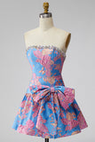 Robe courte de retour à la maison en lettres bleu Jacquard bleu bustier à volants en ligne A avec ruban nœud