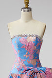 Robe courte de retour à la maison en lettres bleu Jacquard bleu bustier à volants en ligne A avec ruban nœud