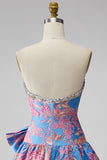Robe courte de retour à la maison en lettres bleu Jacquard bleu bustier à volants en ligne A avec ruban nœud