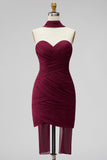 Robe courte de rentrée en chiffon bodycon sans bretelles bordeaux avec ceinture drapée