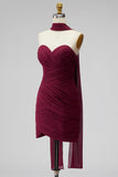 Robe courte de rentrée en chiffon bodycon sans bretelles bordeaux avec ceinture drapée