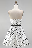 Robe de rentrée courte blanche à pois en ligne A avec ceinture à nœud