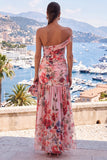 Robe maxi fleur rose rouge en chiffon à une épaule