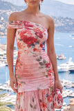 Robe maxi fleur rose rouge en chiffon à une épaule