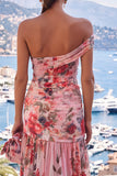 Robe maxi fleur rose rouge en chiffon à une épaule