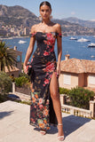 Robe maxi froncée en forme de sirène noire rouge sur l’épaule avec fente