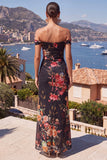 Robe maxi froncée en forme de sirène noire rouge sur l’épaule avec fente