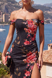 Robe maxi froncée en forme de sirène noire rouge sur l’épaule avec fente