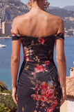 Robe maxi froncée en forme de sirène noire rouge sur l’épaule avec fente