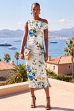 Robe Midi froncée bodycon une épaule à fleur bleue blanche
