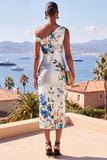 Robe Midi froncée bodycon une épaule à fleur bleue blanche