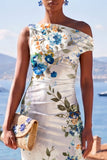 Robe Midi froncée bodycon une épaule à fleur bleue blanche