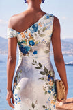 Robe Midi froncée bodycon une épaule à fleur bleue blanche
