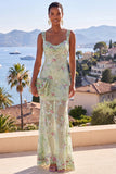 Robe maxi florale sirène à longues bretelles épaisses vertes