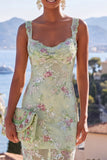 Robe maxi florale sirène à longues bretelles épaisses vertes