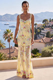 Robe maxi florale sirène à longues bretelles épaisses vertes