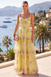Robe à fleurs Maxi à paillettes épaisses en A-Line jaune à brides épaisses