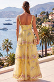 Robe à fleurs Maxi à paillettes épaisses en A-Line jaune à brides épaisses
