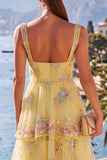 Robe à fleurs Maxi à paillettes épaisses en A-Line jaune à brides épaisses