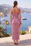 Robe midi plissée à bretelles fines perlées et à bretelles rose poussiéreuse