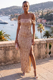 Robe maxi perlée champagne à épaules dénudées, fendue