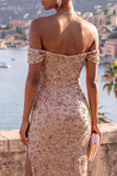 Robe maxi perlée champagne à épaules dénudées, fendue