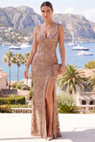 Robe Maxi à longues bretelles perlées de champagne sirène, fente