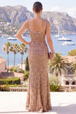 Robe Maxi à longues bretelles perlées de champagne sirène, fente
