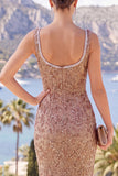 Robe Maxi à longues bretelles perlées de champagne sirène, fente