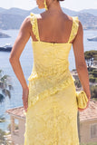 Robe florale Maxi en dentelle à volants jaune sirène avec fente