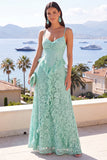 Robe Maxi Florale en dentelle à volants A-line menthe à bretelles fines