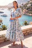 Robe midi fleurie bleue en V à col en A avec manches bouffantes