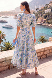 Robe midi fleurie bleue en V à col en A avec manches bouffantes