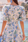 Robe midi fleurie bleue en V à col en A avec manches bouffantes