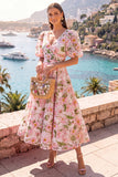 Robe midi fleurie bleue en V à col en A avec manches bouffantes