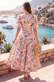 Robe midi fleurie bleue en V à col en A avec manches bouffantes