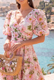 Robe midi fleurie bleue en V à col en A avec manches bouffantes
