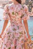 Robe midi fleurie bleue en V à col en A avec manches bouffantes