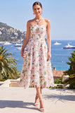 Robe midi fleurie rose A-line sans bretelles