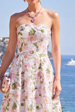 Robe midi fleurie rose A-line sans bretelles