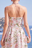 Robe midi fleurie rose A-line sans bretelles