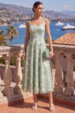 Robe midi midi verte à col carré à perles avec dentelle dans le dos