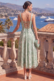 Robe midi midi verte à col carré à perles avec dentelle dans le dos