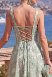 Robe midi midi verte à col carré à perles avec dentelle dans le dos
