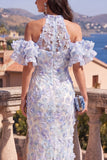 Robe Maxi à fentes bleues à col nu en sirène à col nu-nu, violette et fente