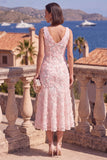 Robe midi fleurie midi bleue en V ligne A avec perles
