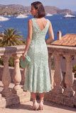 Robe midi fleurie midi bleue en V ligne A avec perles