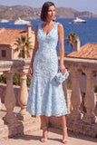 Robe midi fleurie midi bleue en V ligne A avec perles